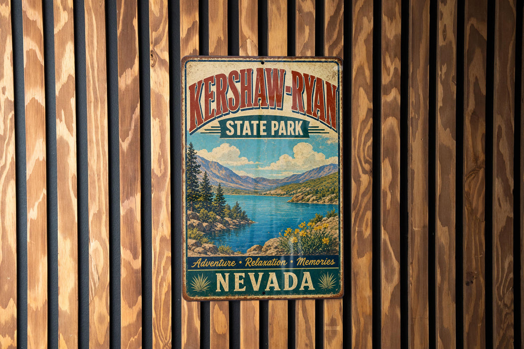 A vintage metal sign for Kershaw-Ryan State Park in Nevada, featuring a scenic landscape with mountains, a lake, and pine trees.