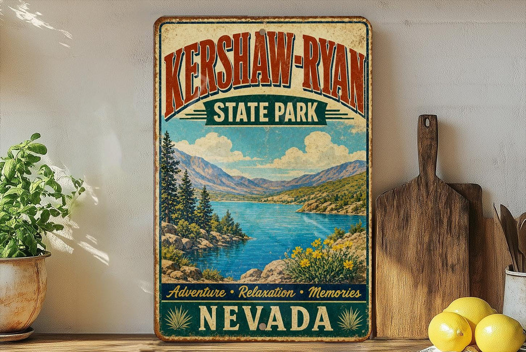 A vintage-style sign for Kershaw-Ryan State Park in Nevada, featuring a scenic landscape with mountains, a lake, and pine trees.