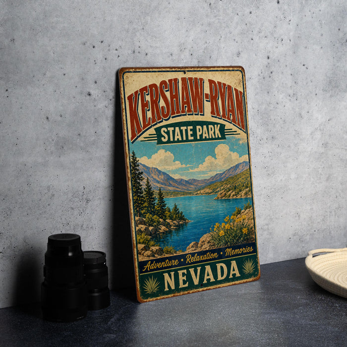 A vintage metal sign for Kershaw-Ryan State Park in Nevada, featuring a scenic landscape with mountains, a lake, and pine trees.