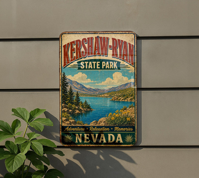A vintage-style metal sign for Kershaw-Ryan State Park in Nevada, featuring a scenic landscape with mountains, a lake, and pine trees.