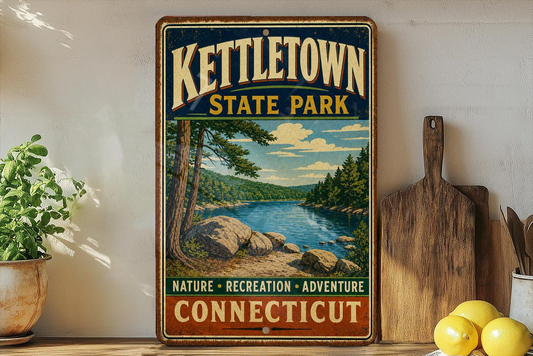 A vintage-style sign for kettletown state park, featuring a scenic landscape with a lake and mountains, is displayed on a wooden shelf next to a potted plant and a cutting board.