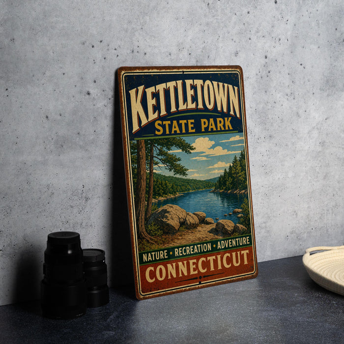 A vintage-style metal sign for kettletown state park, featuring a scenic landscape with a river, trees, and mountains.