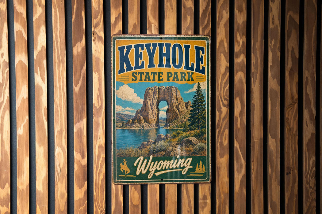 A vintage-style metal sign for Keyhole State Park in Wyoming, featuring a scenic landscape with a large rock formation and a lake.