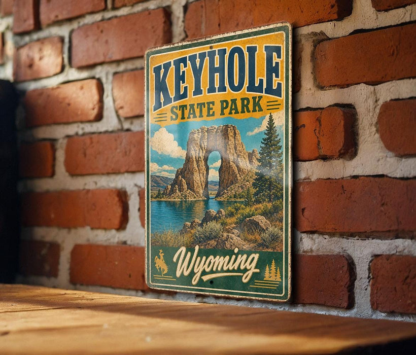 A vintage-style metal sign for Keyhole State Park in Wyoming, featuring a scenic landscape with a large rock formation and a lake.