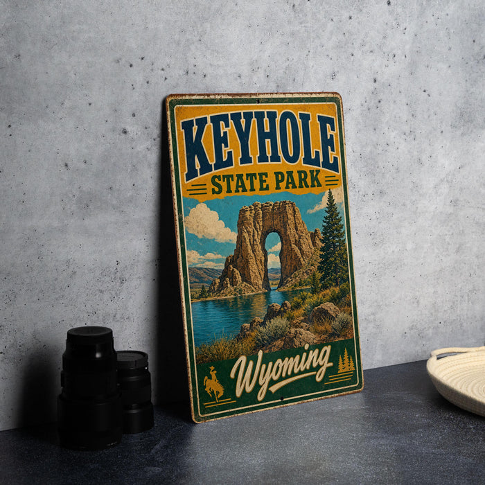 A vintage-style sign for Keyhole State Park in Wyoming, featuring a scenic illustration of the park's natural landscape.