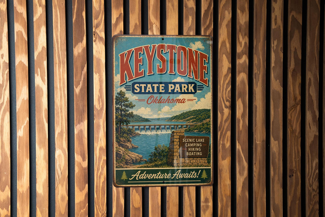 A vintage-style metal sign for Keystone State Park in Oklahoma, featuring a scenic landscape with a bridge and water.