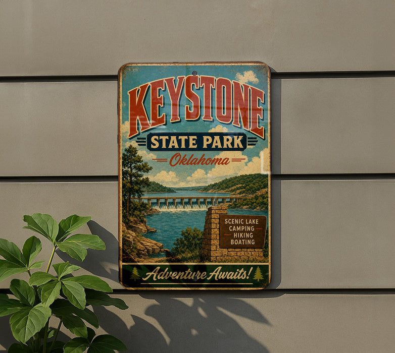 A vintage-style metal sign for Keysstone State Park in Oklahoma, featuring a scenic landscape with a lake, bridge, and mountains.