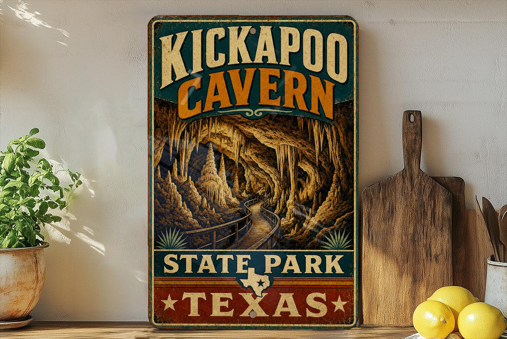 A vintage-style metal sign for the Kickapoo Cave in State Park, Texas, featuring an illustration of the cave and the text "KICKAPOO CAVEN" in a decorative font.
