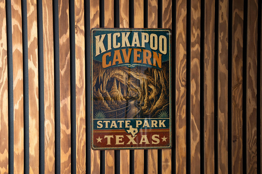 A metal sign with the text "KICKAPOO CAVEN" and "STATE PARK TEXAS" is displayed on a wooden wall.