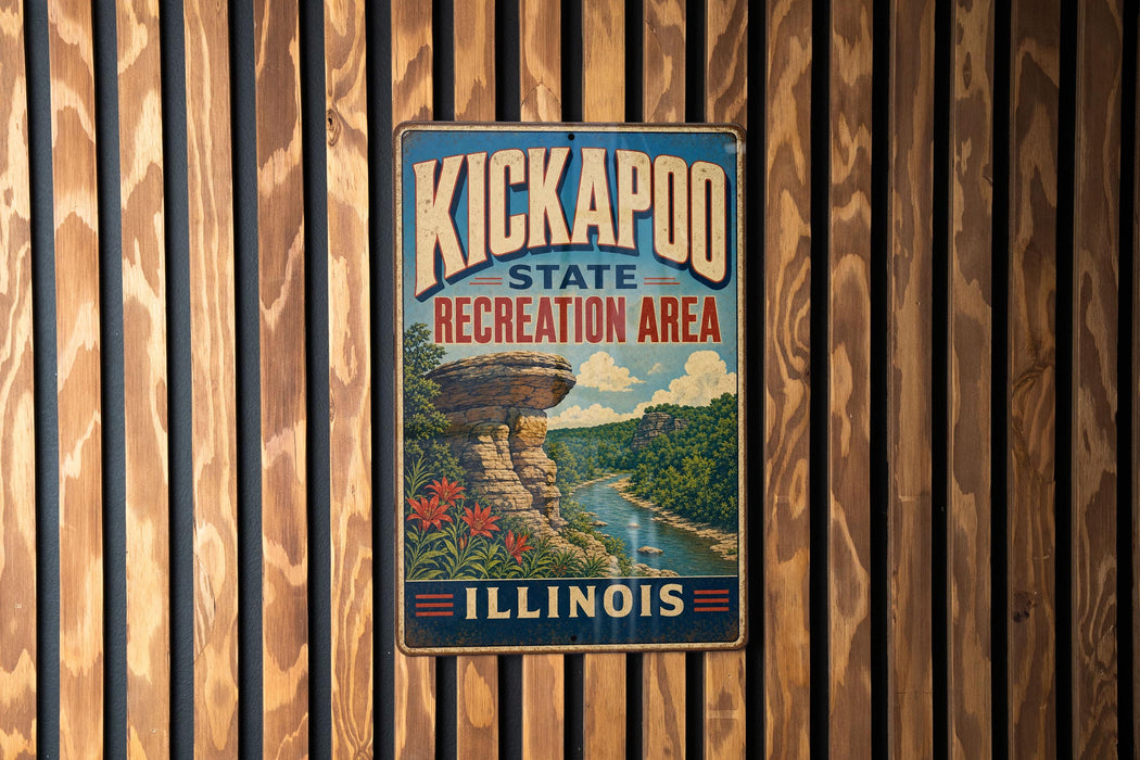 A vintage metal sign for the Kickapoo State Recreation Area in Illinois, featuring a scenic illustration of a river and rock formations.