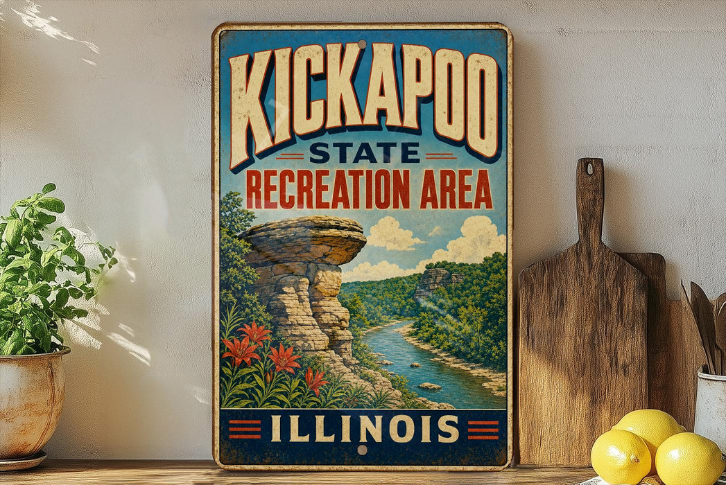 A vintage-style sign for the Kickapoo State Recreation Area in Illinois, featuring a scenic landscape with a river, cliffs, and flowers.