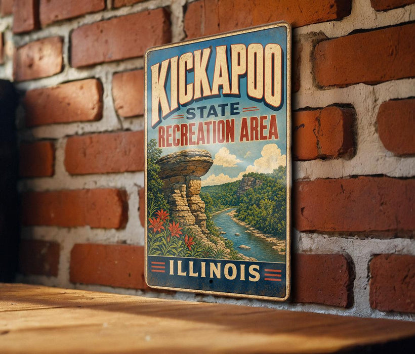 A vintage-style metal sign for the Kickapoo State Recreation Area in Illinois, featuring a scenic illustration of a river and rock formations.