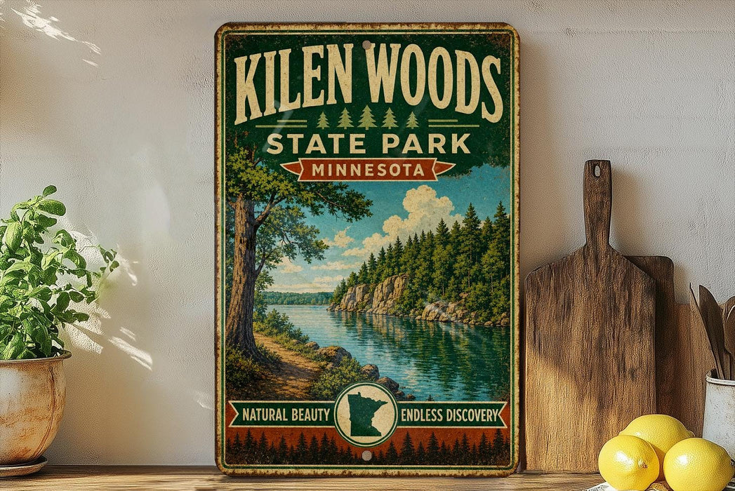 A vintage-style sign for Kilen Woods State Park in Minnesota, featuring a scenic landscape with a river, trees, and mountains.