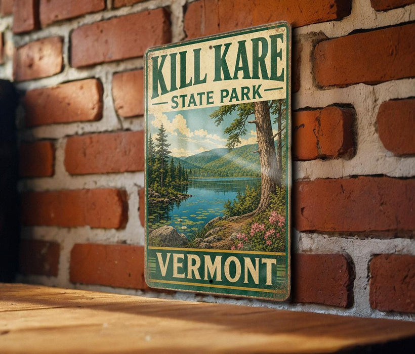 A vintage metal sign for Kill Kare State Park in Vermont, featuring a scenic landscape with a lake and mountains.
