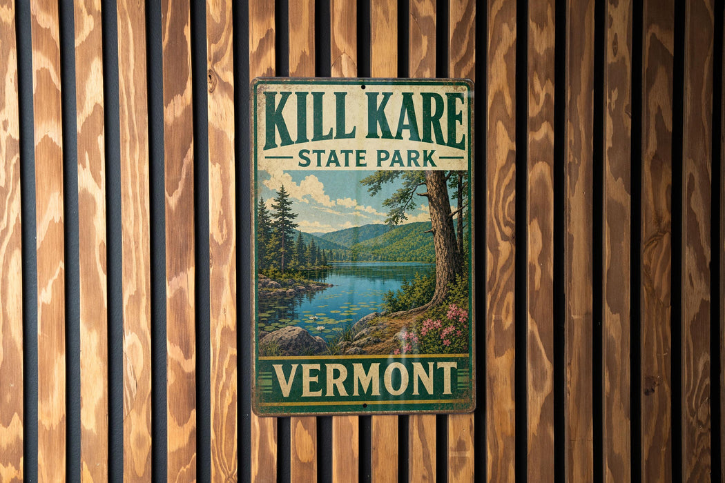 A vintage metal sign for Kill Kare State Park in Vermont, featuring a scenic landscape with a lake and mountains.