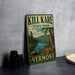 A vintage metal sign for Kill Kare State Park in Vermont, featuring a scenic landscape with a lake and pine trees.