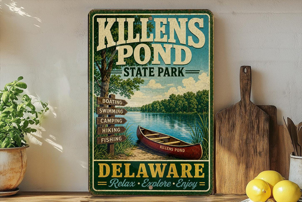 A vintage-style sign for Killens Pond State Park in Delaware, featuring a canoe and a scenic landscape with trees and a lake.