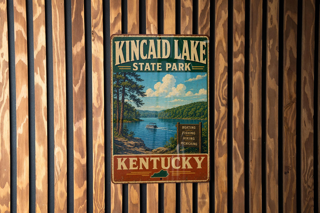 A vintage metal sign for Kincaid Lake State Park in Kentucky, featuring a scenic image of the lake and surrounding landscape.