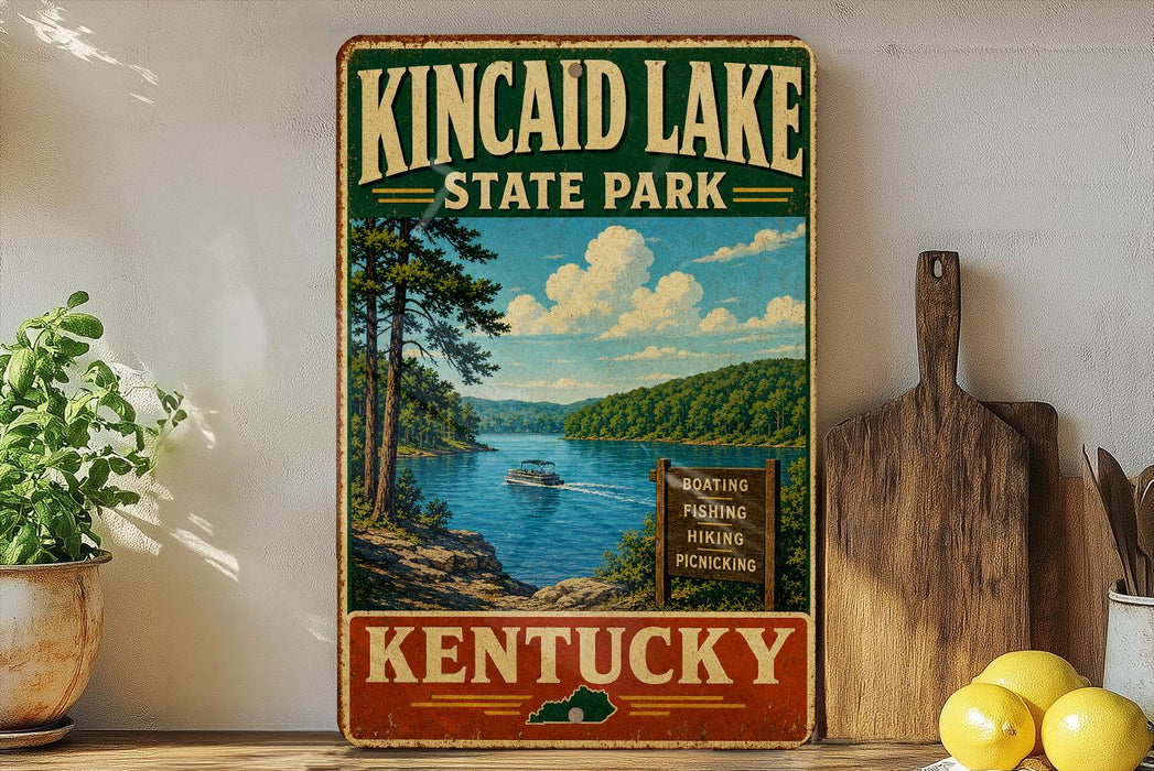 A vintage-style metal sign for Kincaid Lake State Park in Kentucky, featuring a scenic landscape with a lake, mountains, and a boat.