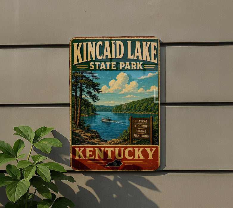 A vintage metal sign for Kincaid Lake State Park in Kentucky, featuring a scenic landscape with a lake, mountains, and a boat.