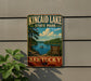 A vintage metal sign for Kincaid Lake State Park in Kentucky, featuring a scenic landscape with a lake, mountains, and a boat.