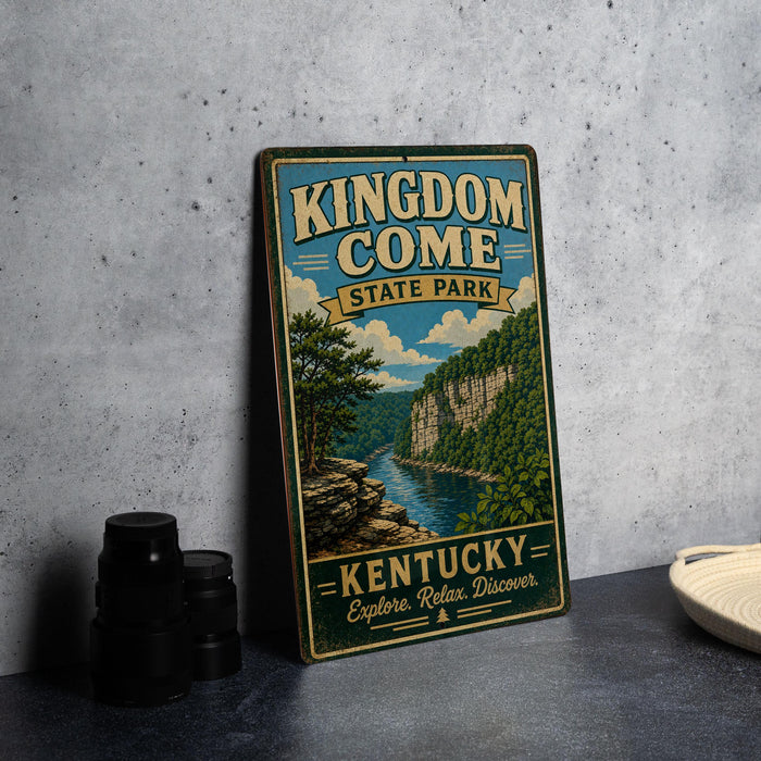 A vintage-style sign for Kingdom Come State Park in Kentucky, featuring a scenic illustration of a river and forest landscape.