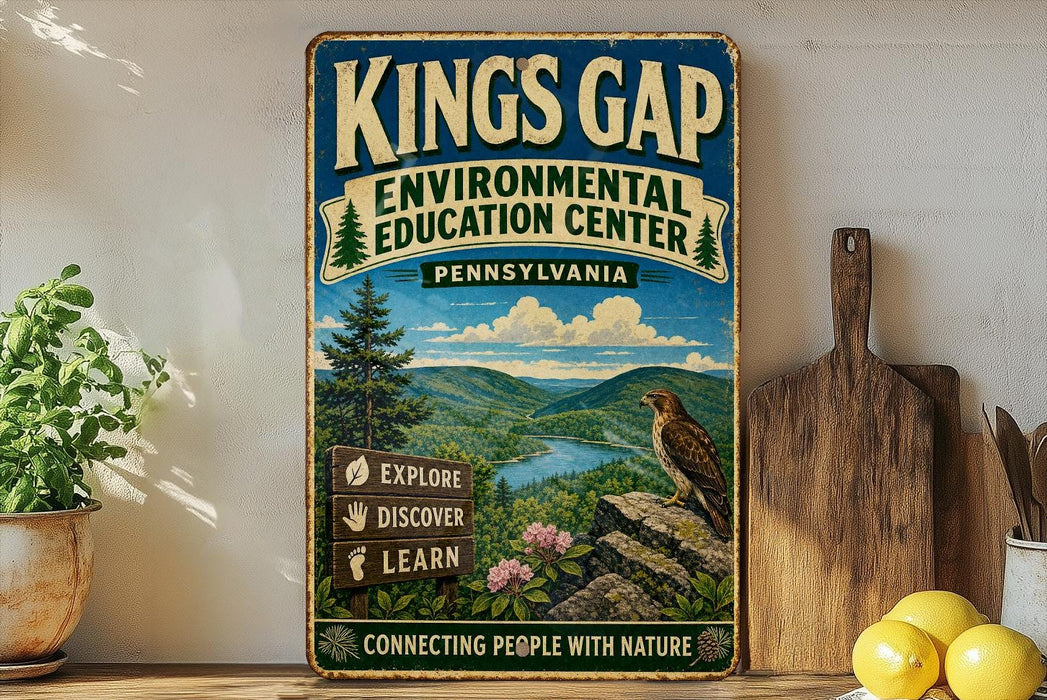 A vintage-style sign for the Kings Gap Environmental Education Center in Pennsylvania, featuring a scenic mountain landscape with a bird perched on a rock.