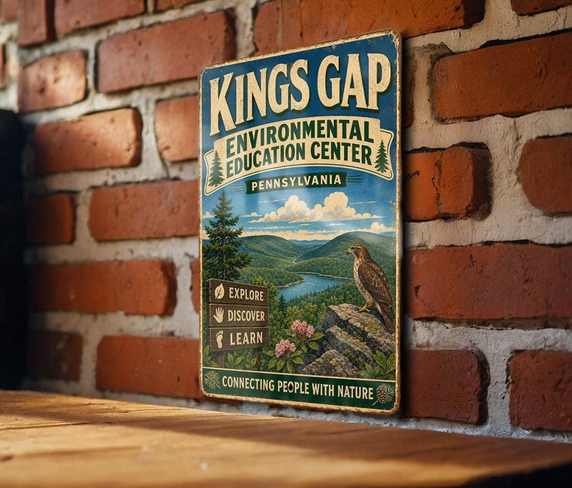 A vintage-style sign for the Kings Gap Environmental Education Center in Pennsylvania, featuring a scenic landscape with a bird perched on a rock.