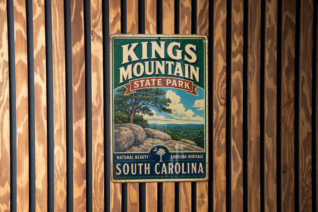 A vintage metal sign for Kings Mountain State Park in South Carolina, featuring a scenic landscape with a large rock formation and a palm tree.
