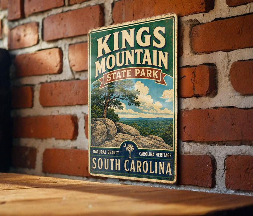 A vintage metal sign for Kings Mountain State Park in South Carolina, featuring a scenic landscape with a tree and rocks.