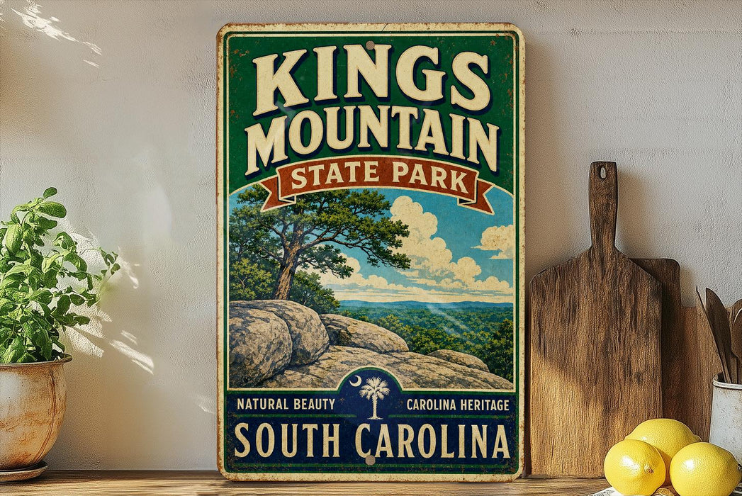 A vintage-style sign for Kings Mountain State Park in South Carolina, featuring a scenic landscape with a tree and rocky outcroppings.