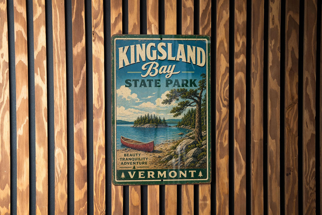 A vintage-style metal sign for Kingsland Bay State Park, featuring a scenic illustration of a lake, a canoe, and a forested shoreline.