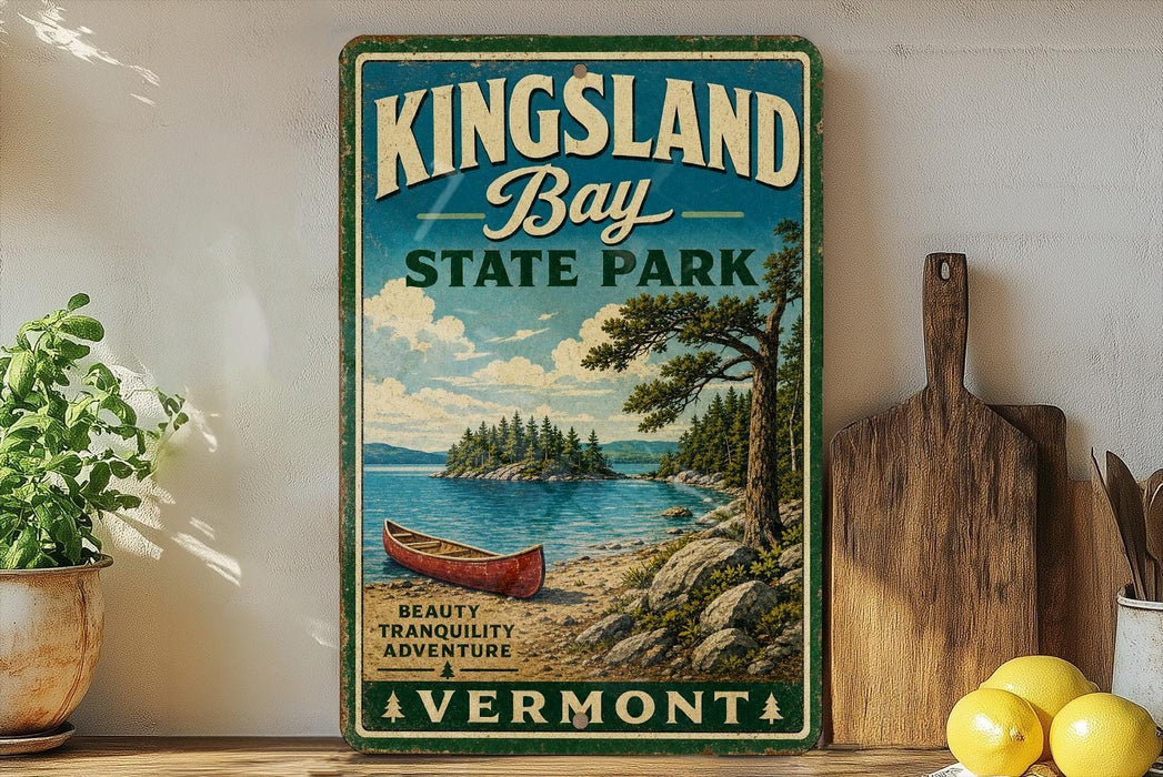 A vintage-style sign for Kingsland Bay State Park in Vermont, featuring a scenic illustration of a lake, pine trees, and a red canoe.