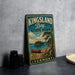 A vintage-style sign for Kingsland Bay State Park in Vermont, featuring a scenic illustration of a lake, pine trees, and a canoe.