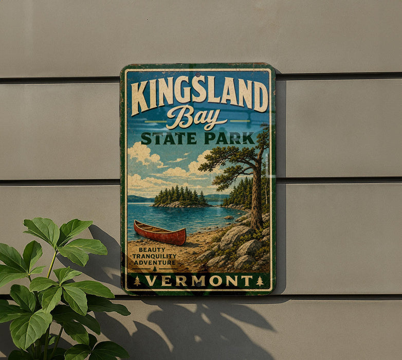A vintage-style metal sign for Kingsland Bay State Park in Vermont, featuring a scenic landscape with a canoe on a lake and a pine tree.