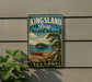 A vintage-style metal sign for Kingsland Bay State Park in Vermont, featuring a scenic landscape with a canoe on a lake and a pine tree.