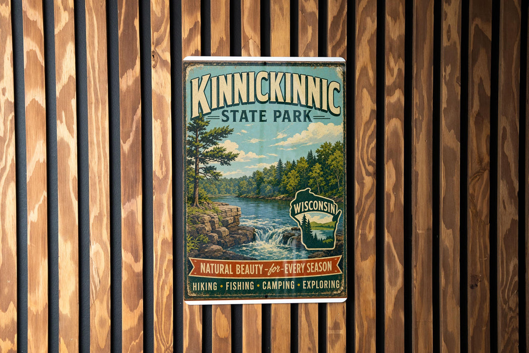 A vintage-style sign for the Kinnickinnic State Park, featuring a scenic landscape with a river, trees, and a waterfall.