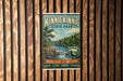 A vintage-style sign for the Kinnickinnic State Park, featuring a scenic landscape with a river, trees, and a waterfall.