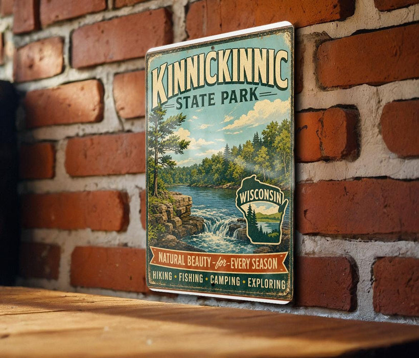 A vintage-style metal sign for Kinnickinnic State Park, featuring a scenic landscape with a waterfall and trees, mounted on a brick wall.
