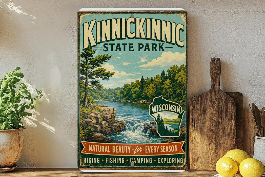 A vintage-style sign for Kinnickinnic State Park, featuring a scenic landscape with a river, trees, and a waterfall.