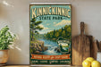 A vintage-style sign for Kinnickinnic State Park, featuring a scenic landscape with a river, trees, and a waterfall.