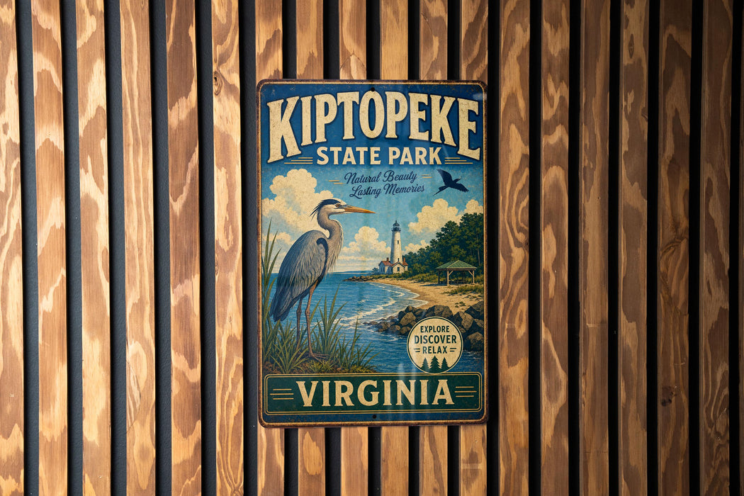 A vintage-style metal sign for Kiptope State Park in Virginia, featuring an illustration of a heron and a lighthouse.