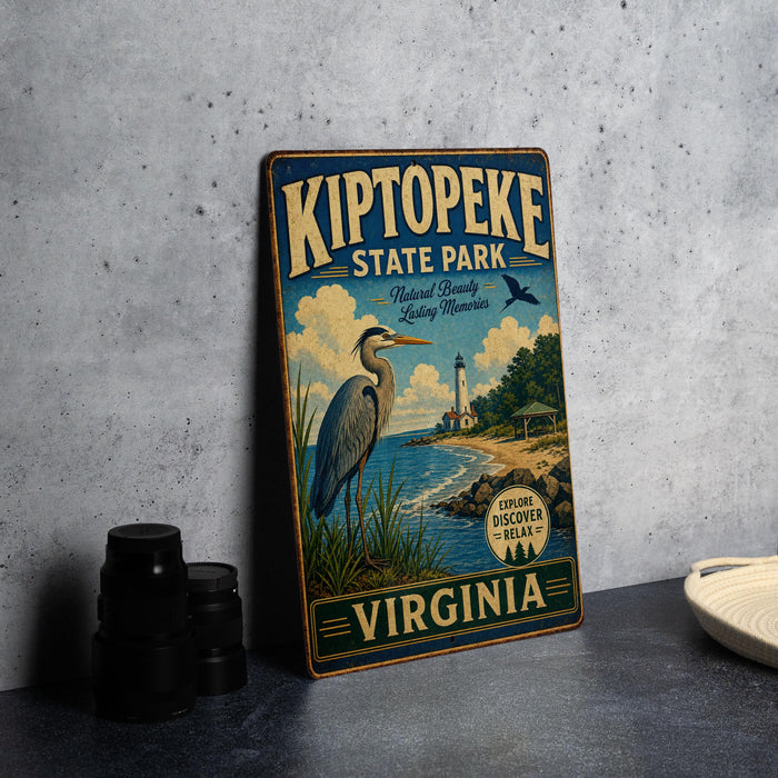 A vintage-style metal sign for Kiptopeke State Park in Virginia, featuring an illustration of a crane and a lighthouse, along with the text "Kiptopeke State Park" and "National Coast Heritage Lighthouse".