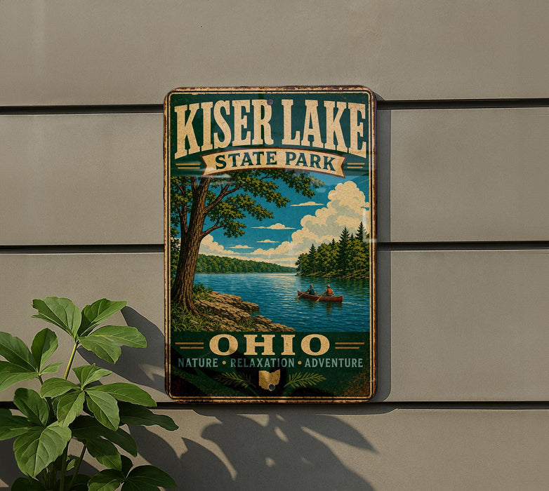 A vintage-style metal sign for Kiser Lake State Park in Ohio, featuring a scenic landscape with a lake, trees, and people enjoying the outdoors.