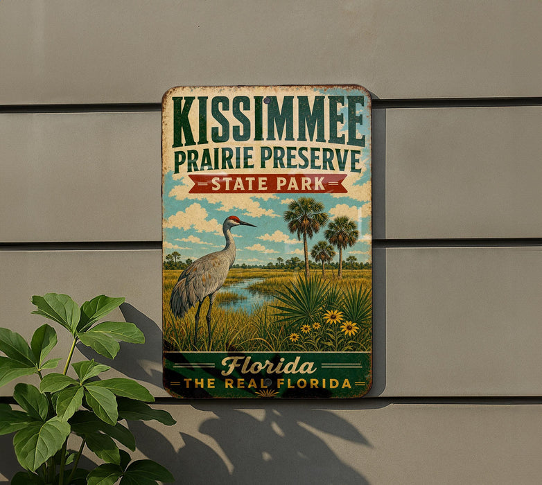 A vintage-style metal sign for Kissimmee Prairie Preserve, featuring a bird and palm trees, is mounted on a wall next to a plant.