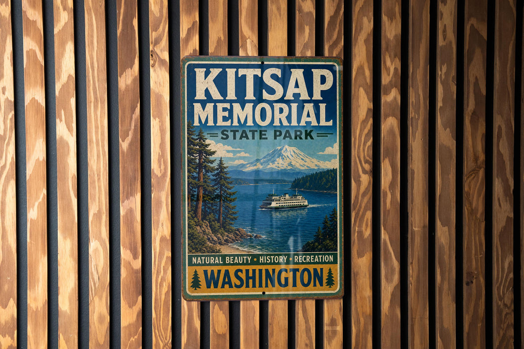 A vintage metal sign for Kitsap Memorial State Park in Washington, featuring a scenic image of the park and a boat on the water.