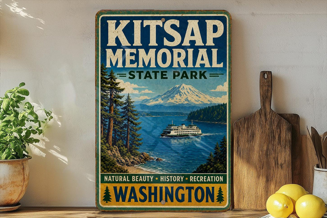 A vintage-style sign for Kitsap Memorial State Park in Washington, featuring a scenic image of a mountain, pine trees, and a ferry on the water.