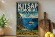 A vintage-style sign for Kitsap Memorial State Park in Washington, featuring a scenic image of a mountain, pine trees, and a ferry on the water.