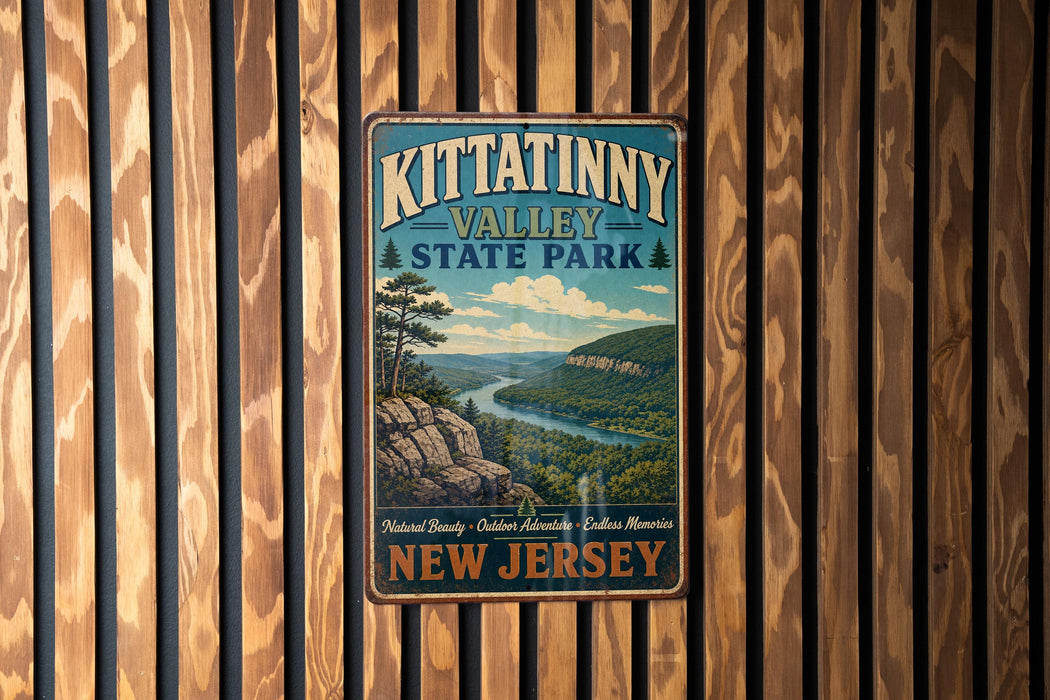 A vintage metal sign for Kittatinny Valley State Park in New Jersey, featuring a scenic landscape with a river and mountains.