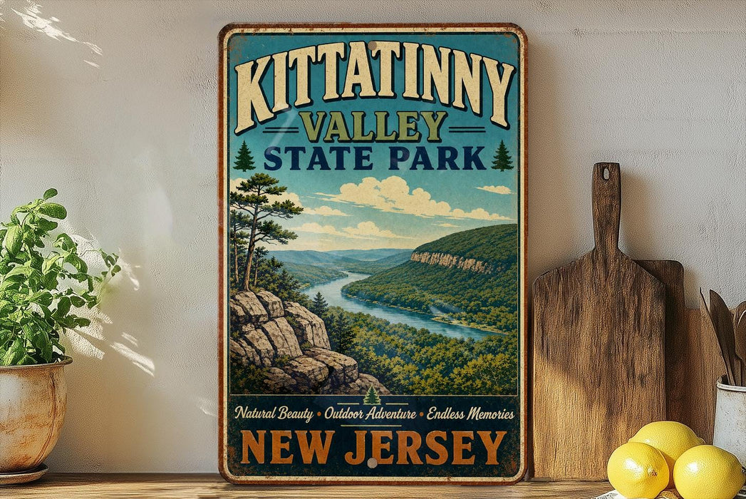 A vintage-style sign for Kittatinny Valley State Park in New Jersey, featuring a scenic landscape with a river and mountains.